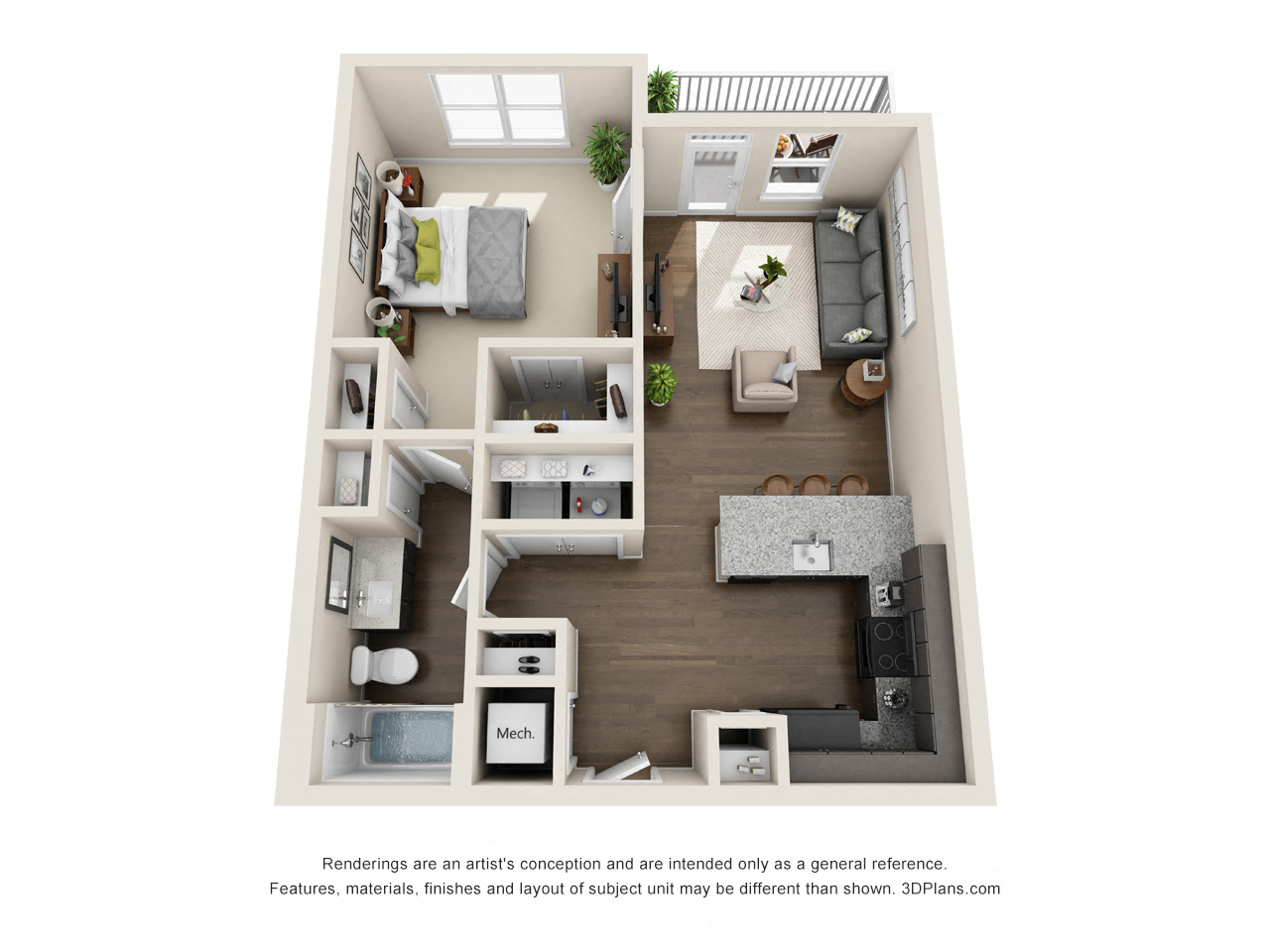 Floor plan for 1 bed, 1 bath, 726 sqft